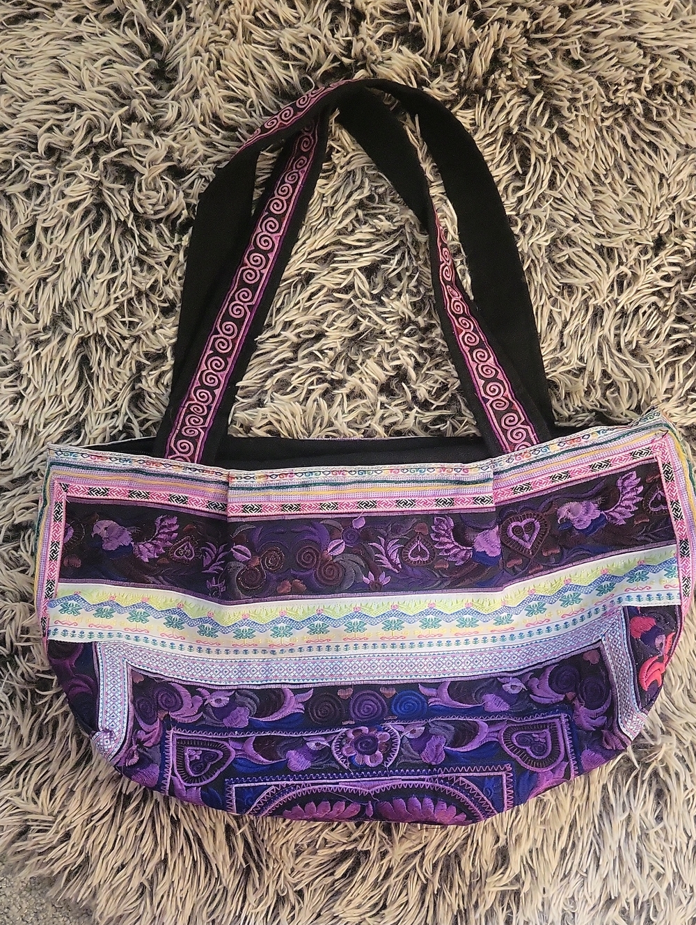 Embroidered Purple Patterned Tote Bag with Black Straps